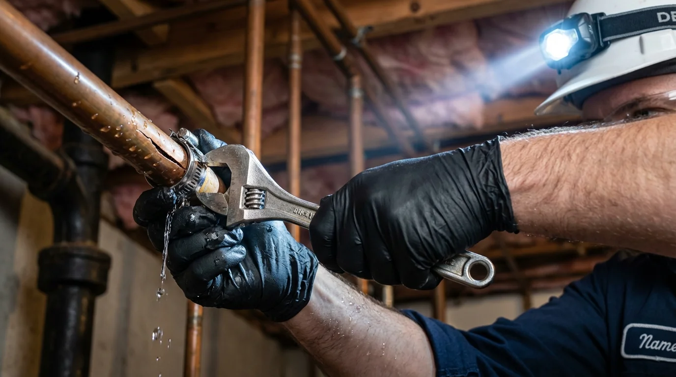 Emergency pipe clamp repair being performed by a Johns Plumbing LLC plumber in Freeland