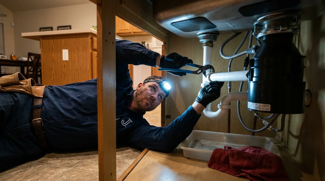 P-trap and supply line connections under a kitchen sink showing a common leak point in Freeland, MI